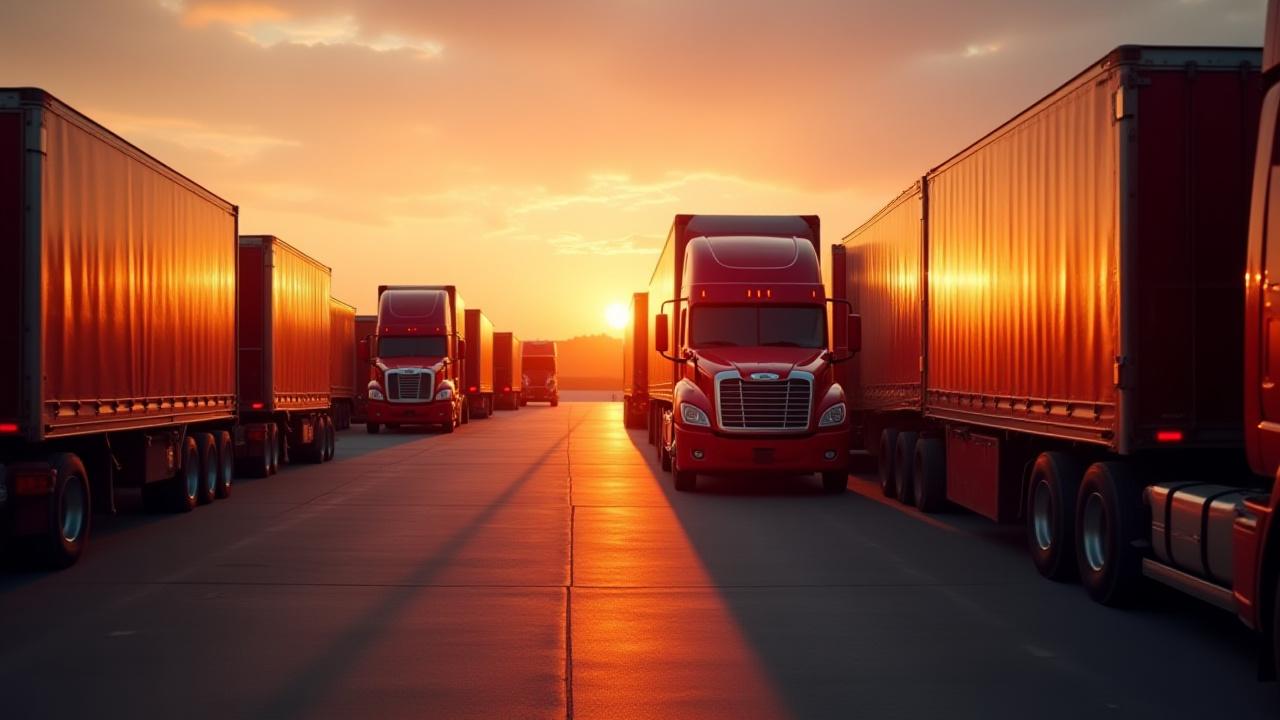 S and K Trucking fleet lined up at dawn in Chaffee, Missouri