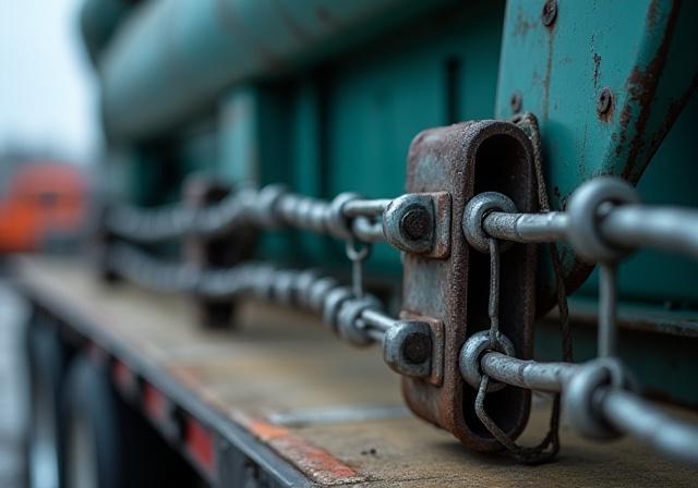 Close up of industrial machinery secured on a trailer