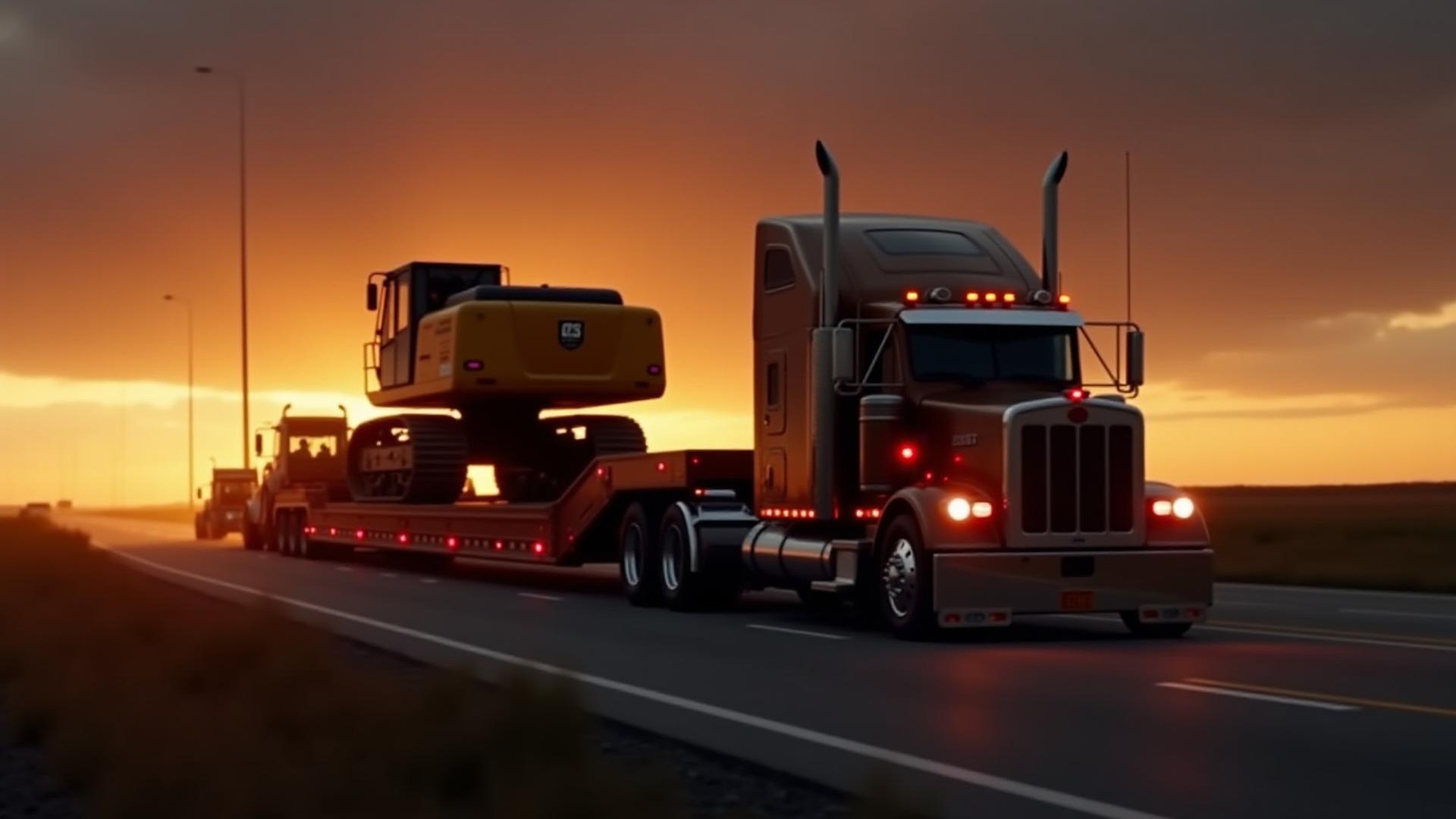 Heavy excavator being transported on a specialized trailer at dusk