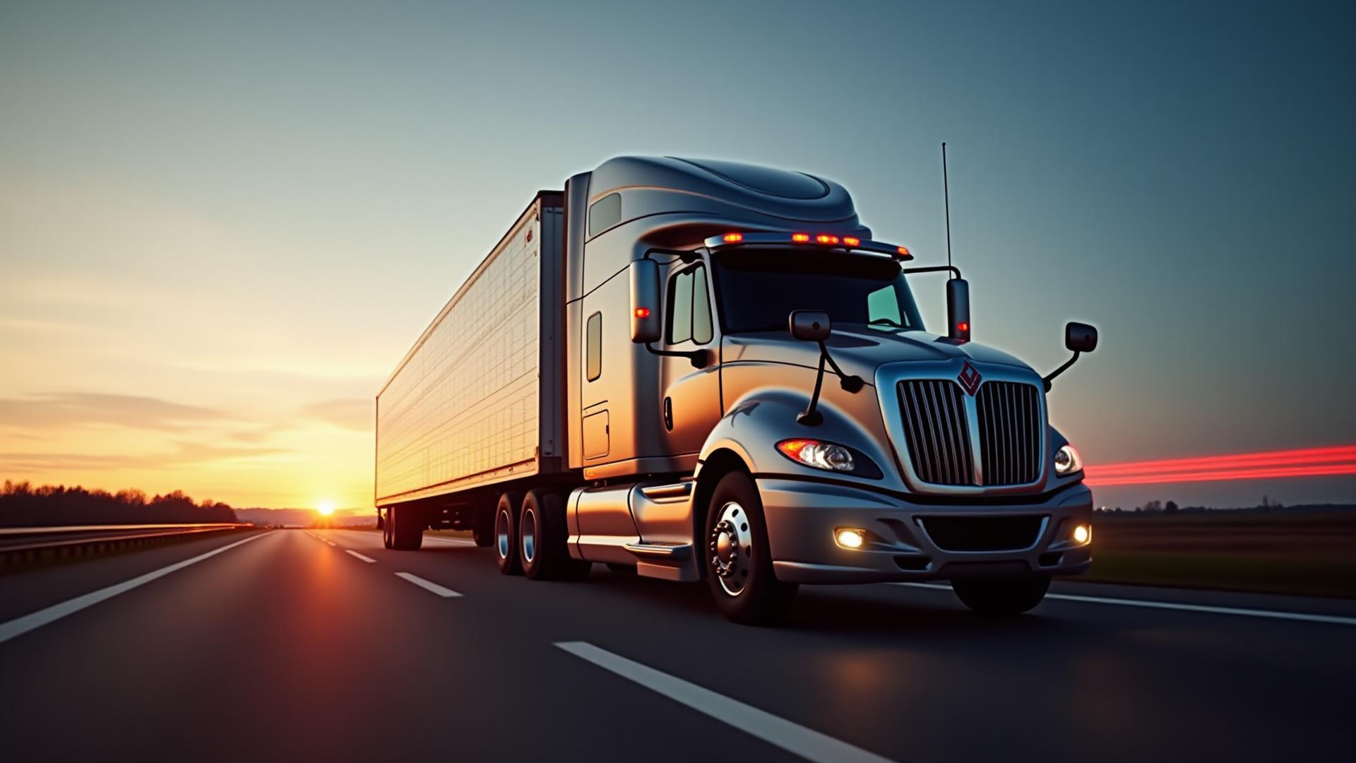 Heavy duty S&K logistics truck moving through Missouri landscape at dusk