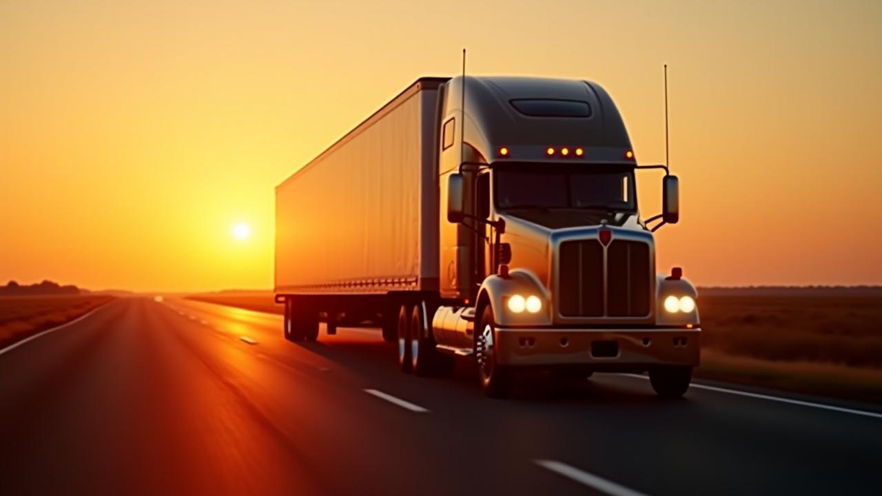 S and K heavy-duty truck on a Missouri highway during sunset